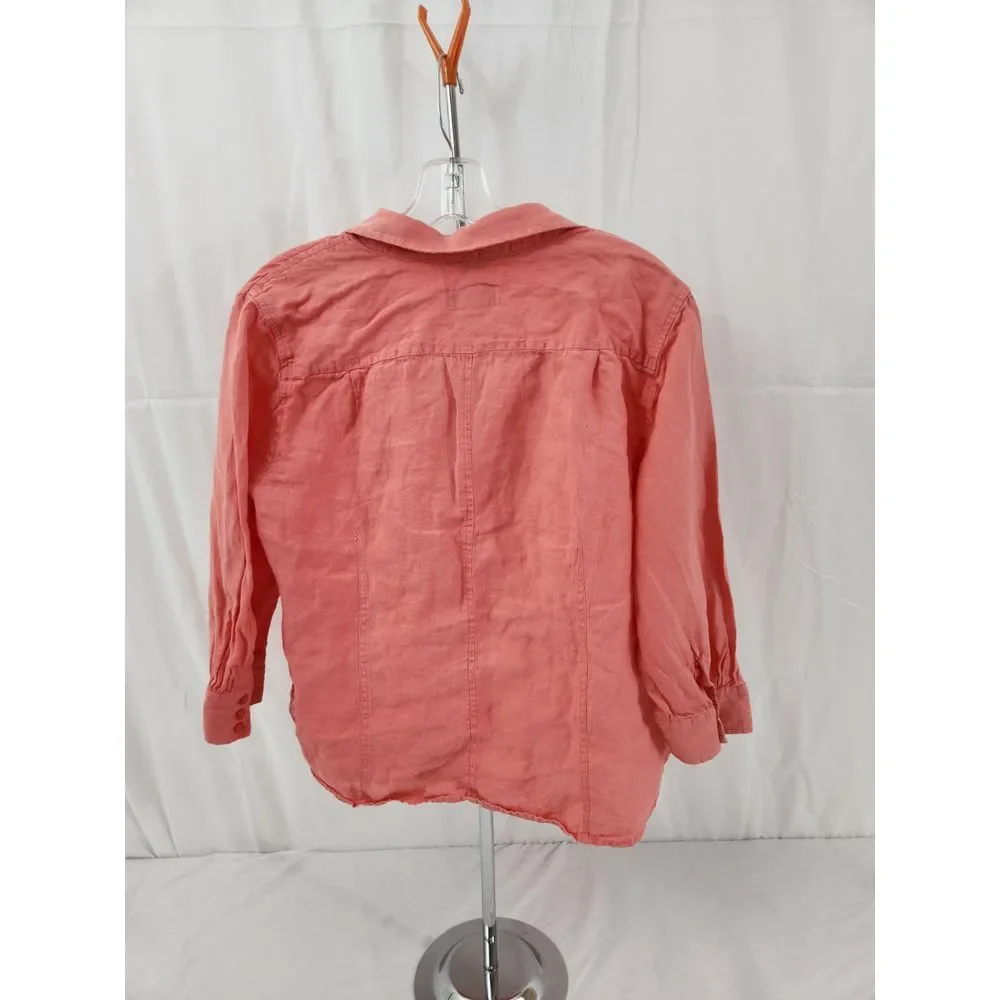 Talbots Petites Irish Linen Button Down Shirt Coral Pink 3/4‎ Sleeve Large P - Picture 5 of 5